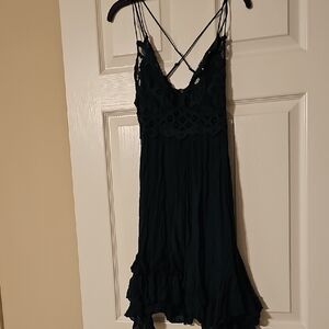 Lace Bodice Crisscross Strap Mini Dress - Dark Teal